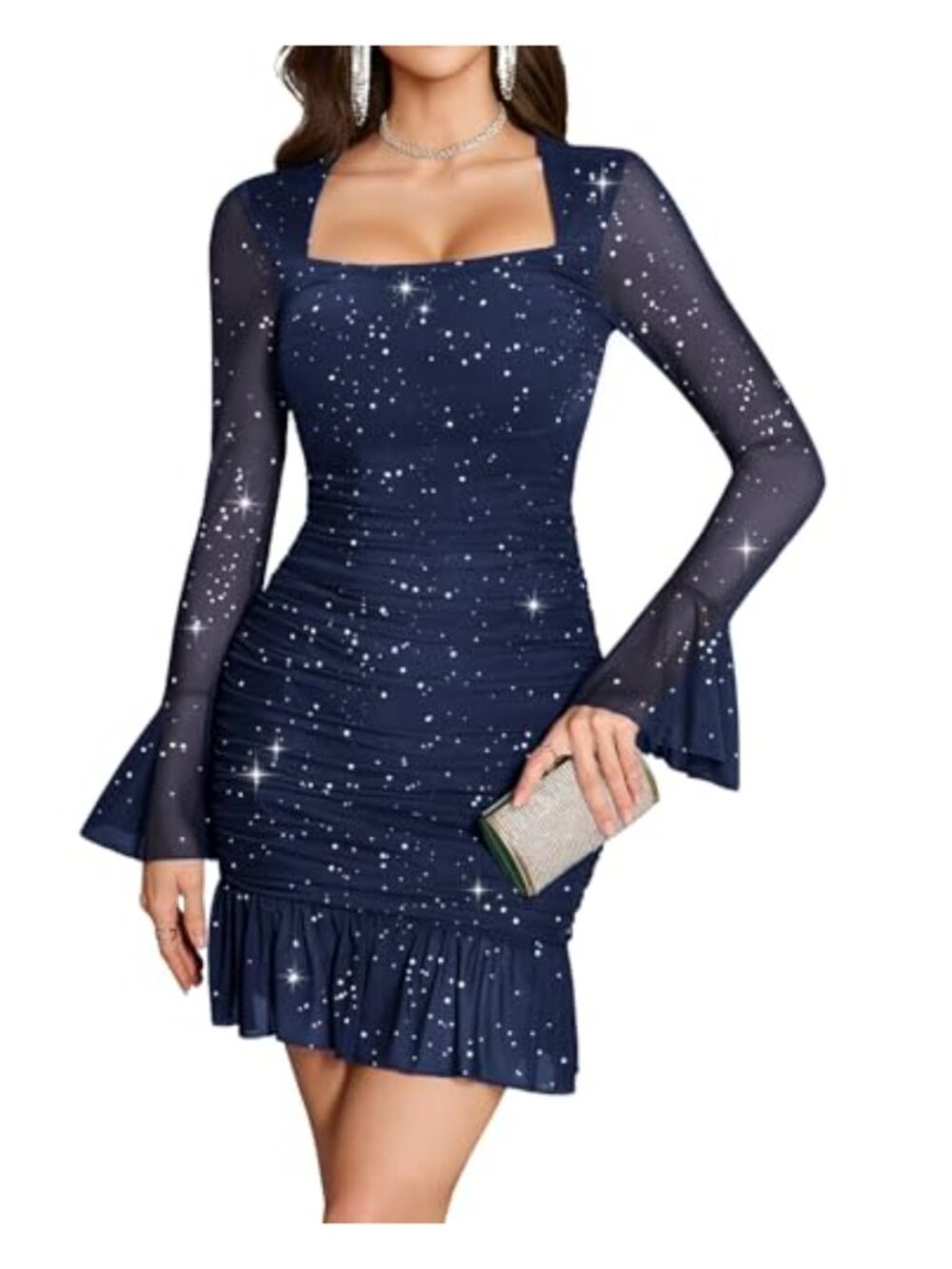 Sequined Bodycon Mini Dress with Sheer Mesh Bell Sleeves and Square Neck